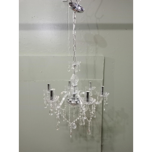 98 - Chrome and cut glass six  branch chandelier {H 100cm x Dia 60cm }