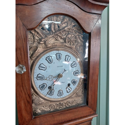 381 - 19th C. French walnut Grandfather clock with embossed brass and enamel dial {236 cm H x 56 cm W x 24... 