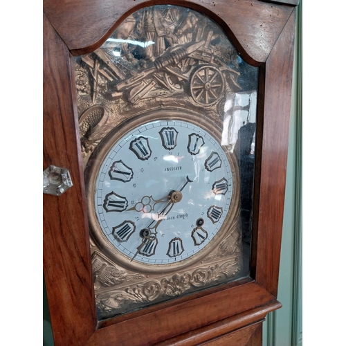 381 - 19th C. French walnut Grandfather clock with embossed brass and enamel dial {236 cm H x 56 cm W x 24... 