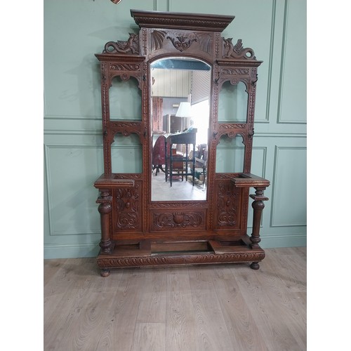 495 - Victorian carved oak, mirrored back hallstand {220cm H x 141cm W x 41cm D}