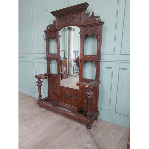 495 - Victorian carved oak, mirrored back hallstand {220cm H x 141cm W x 41cm D}