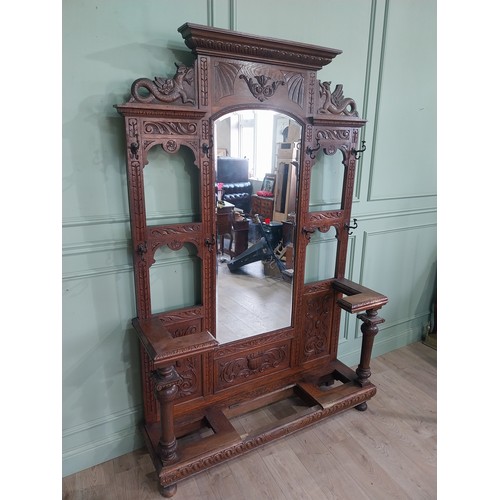 495 - Victorian carved oak, mirrored back hallstand {220cm H x 141cm W x 41cm D}