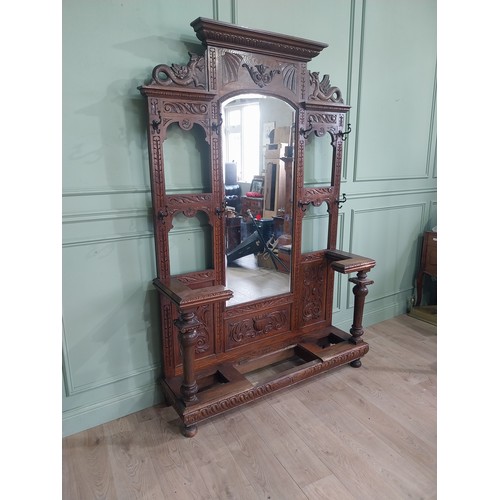 495 - Victorian carved oak, mirrored back hallstand {220cm H x 141cm W x 41cm D}