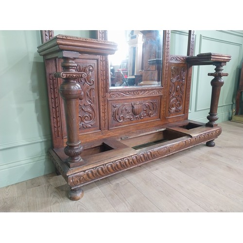 495 - Victorian carved oak, mirrored back hallstand {220cm H x 141cm W x 41cm D}