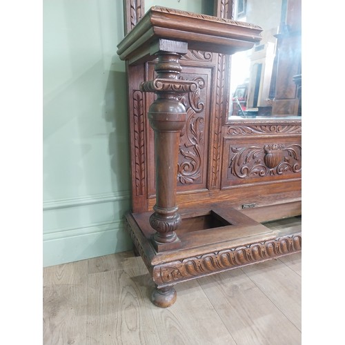 495 - Victorian carved oak, mirrored back hallstand {220cm H x 141cm W x 41cm D}