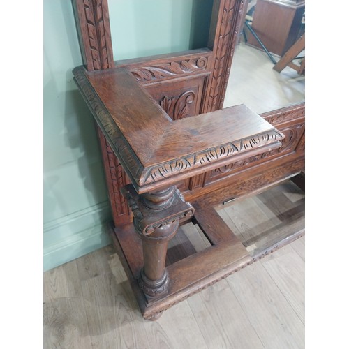 495 - Victorian carved oak, mirrored back hallstand {220cm H x 141cm W x 41cm D}