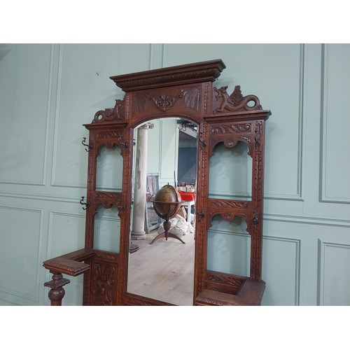 495 - Victorian carved oak, mirrored back hallstand {220cm H x 141cm W x 41cm D}