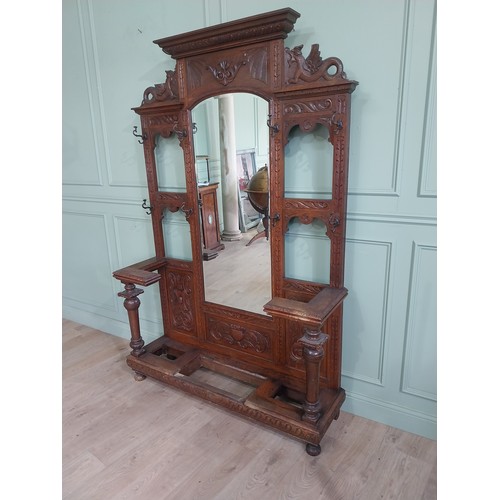 495 - Victorian carved oak, mirrored back hallstand {220cm H x 141cm W x 41cm D}