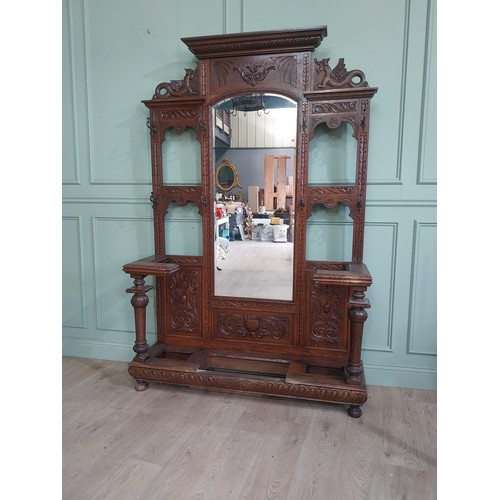 495 - Victorian carved oak, mirrored back hallstand {220cm H x 141cm W x 41cm D}