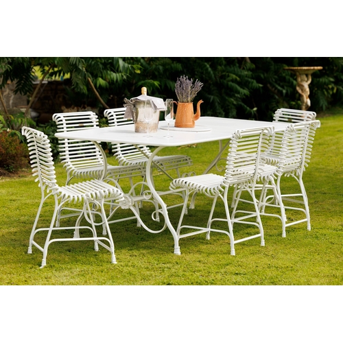 810 - Exceptional quality hand forged wrought iron Arras style garden table and six matching ladder back c... 