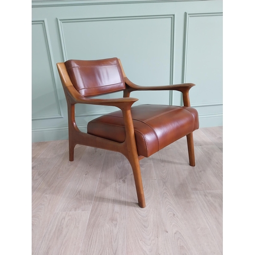 199 - Pair of cherrywood and hand dyed leather open arm chairs {74 cm H x 58 cm W x 82 cm D}.