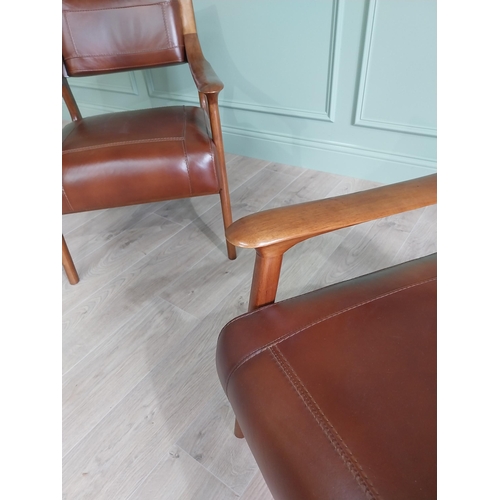 199 - Pair of cherrywood and hand dyed leather open arm chairs {74 cm H x 58 cm W x 82 cm D}.