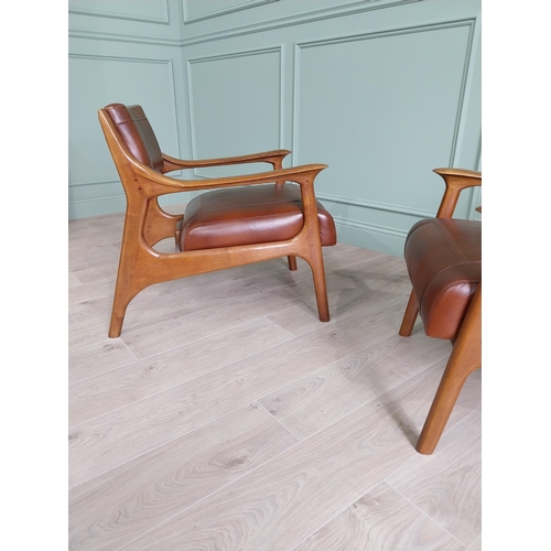 199 - Pair of cherrywood and hand dyed leather open arm chairs {74 cm H x 58 cm W x 82 cm D}.