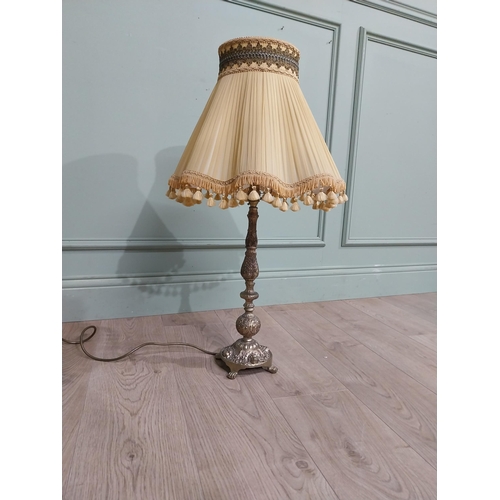 111 - 1950�s gilded spelter table lamp with cloth shade. {76 cm H x 40 cm Dia.}.