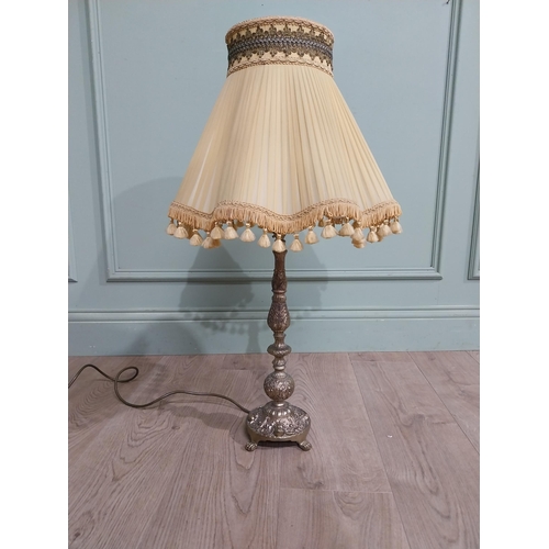 111 - 1950�s gilded spelter table lamp with cloth shade. {76 cm H x 40 cm Dia.}.