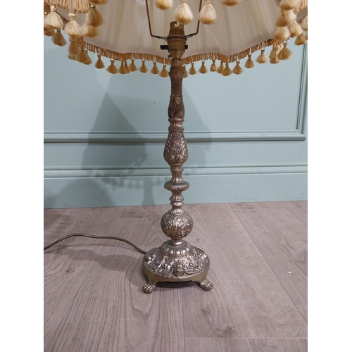 111 - 1950�s gilded spelter table lamp with cloth shade. {76 cm H x 40 cm Dia.}.