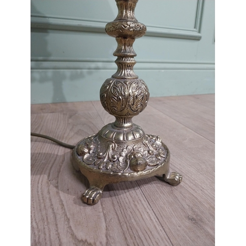 111 - 1950�s gilded spelter table lamp with cloth shade. {76 cm H x 40 cm Dia.}.