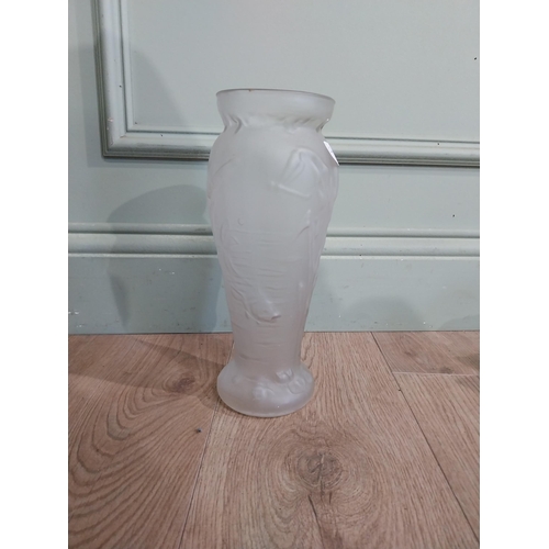 114 - Frosted glass vase with bullrush decoration in the Lalique manner {25 cm H x 10 cm Dia.} and blue fl... 