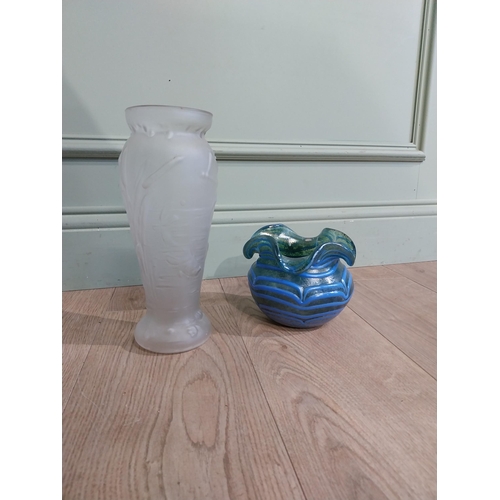 114 - Frosted glass vase with bullrush decoration in the Lalique manner {25 cm H x 10 cm Dia.} and blue fl... 