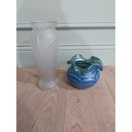 114 - Frosted glass vase with bullrush decoration in the Lalique manner {25 cm H x 10 cm Dia.} and blue fl... 