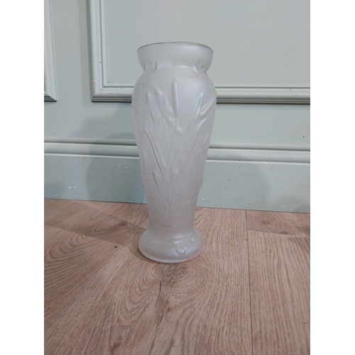 114 - Frosted glass vase with bullrush decoration in the Lalique manner {25 cm H x 10 cm Dia.} and blue fl... 