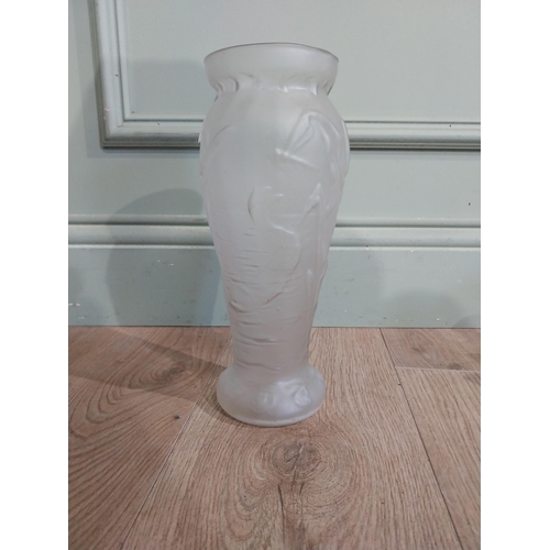 114 - Frosted glass vase with bullrush decoration in the Lalique manner {25 cm H x 10 cm Dia.} and blue fl... 