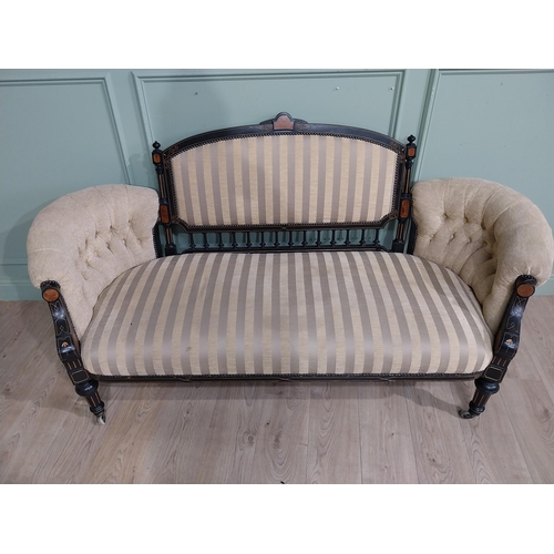 115 - Victorian ebonised and gilded  upholstered sofa on reeded turned legs. {95 cm H x 180 cm W x 64 cm D... 