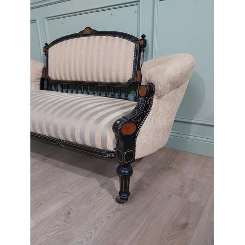 115 - Victorian ebonised and gilded  upholstered sofa on reeded turned legs. {95 cm H x 180 cm W x 64 cm D... 