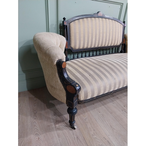 115 - Victorian ebonised and gilded  upholstered sofa on reeded turned legs. {95 cm H x 180 cm W x 64 cm D... 