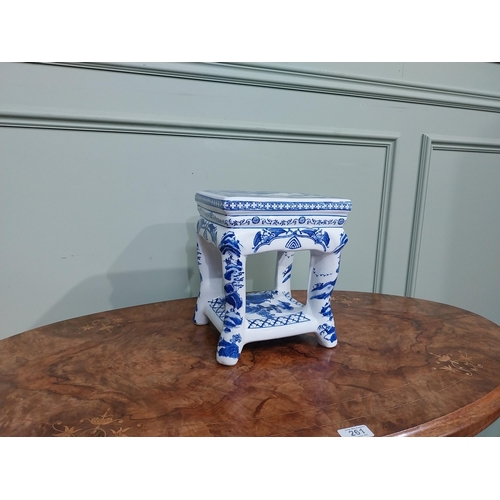 120 - Blue and white oriental ceramic jardiniere stand. {25 cm H x 22 cm W x 23 cm D}.