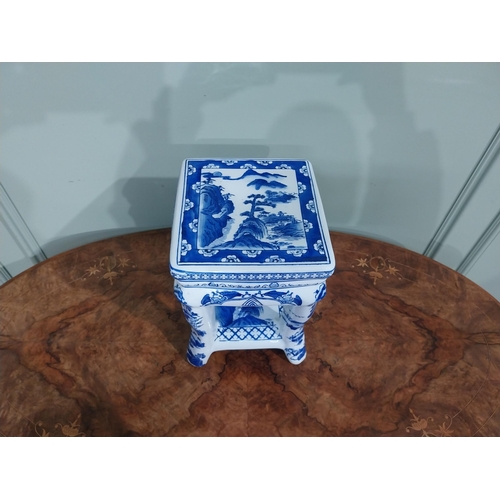 120 - Blue and white oriental ceramic jardiniere stand. {25 cm H x 22 cm W x 23 cm D}.