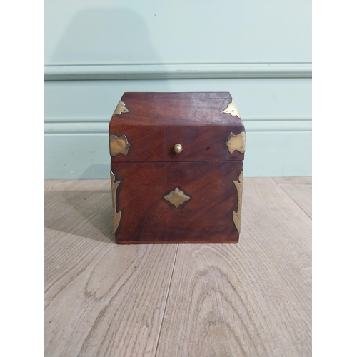 125 - Mahogany and brass bound box with fitted interior. {18 cm H x 15 cm W x 15 cm D}.