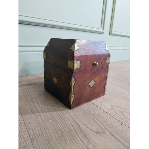 125 - Mahogany and brass bound box with fitted interior. {18 cm H x 15 cm W x 15 cm D}.