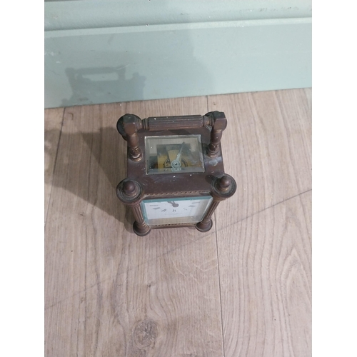 128 - Victorian brass carriage clock by Mackay Dundee {14 cm H x 8 cm W x 7 cm D}.