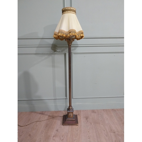 138 - 1950�s brass Corinthian column standard lamp with cloth shade. {163 cm H x 42 cm Dia.}.