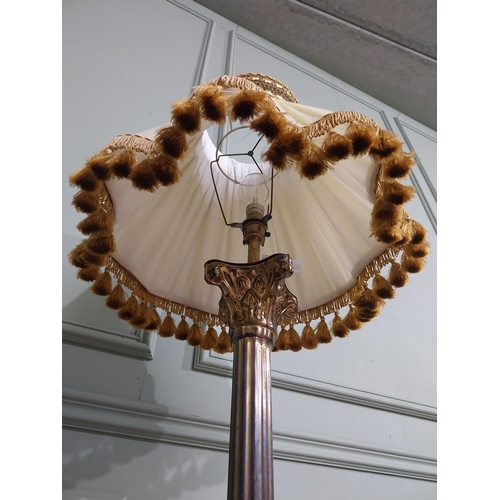 138 - 1950�s brass Corinthian column standard lamp with cloth shade. {163 cm H x 42 cm Dia.}.