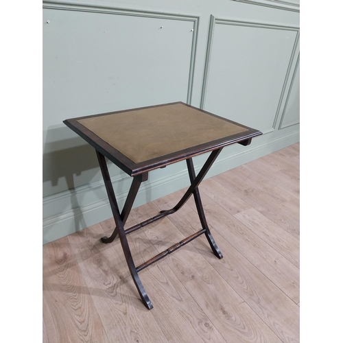 14 - Mahogany folding card table with leather inset on x-frame with two turned stretchers. {70 cm H x 50 ... 