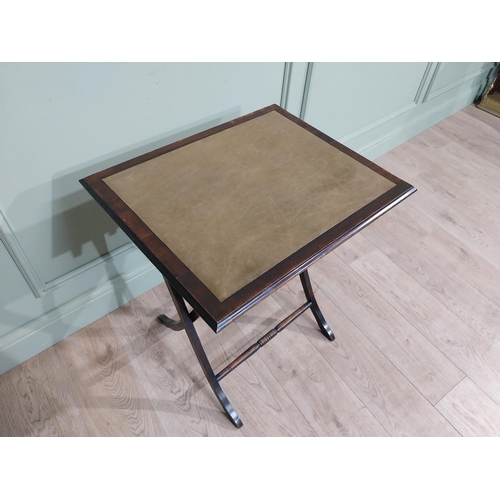 14 - Mahogany folding card table with leather inset on x-frame with two turned stretchers. {70 cm H x 50 ... 