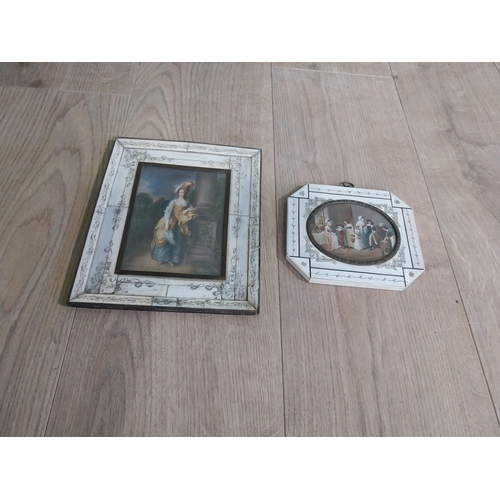 152 - Two miniatures mounted in carved bone frames. {13 cm H x 14 cm W} and {20 cm H x 17 cm W}.