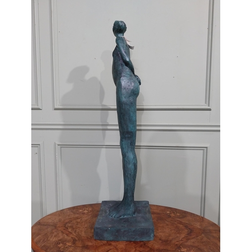 155 - Good quality contemporary bronze sculpture of Lady on slate base. {108 cm H  x 28 cm W x 29 cm D}.