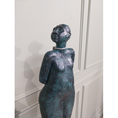 155 - Good quality contemporary bronze sculpture of Lady on slate base. {108 cm H  x 28 cm W x 29 cm D}.