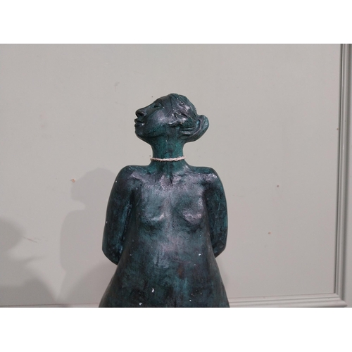 155 - Good quality contemporary bronze sculpture of Lady on slate base. {108 cm H  x 28 cm W x 29 cm D}.