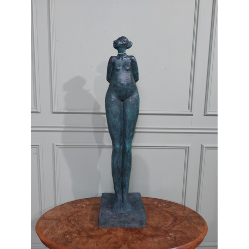 155 - Good quality contemporary bronze sculpture of Lady on slate base. {108 cm H  x 28 cm W x 29 cm D}.