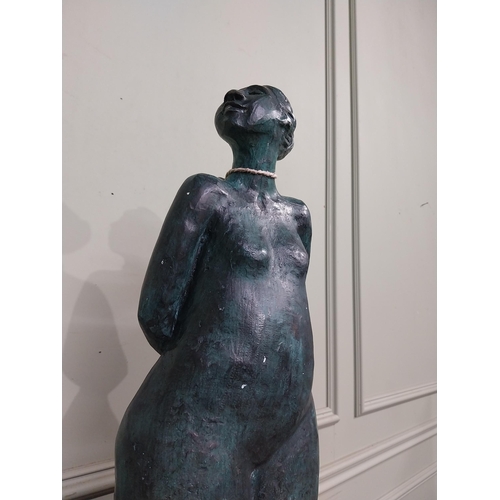 155 - Good quality contemporary bronze sculpture of Lady on slate base. {108 cm H  x 28 cm W x 29 cm D}.