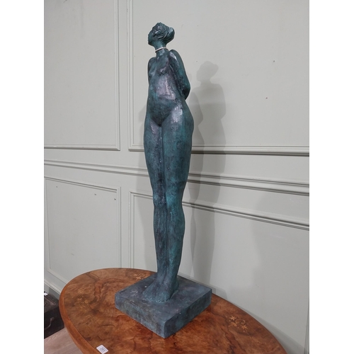 155 - Good quality contemporary bronze sculpture of Lady on slate base. {108 cm H  x 28 cm W x 29 cm D}.