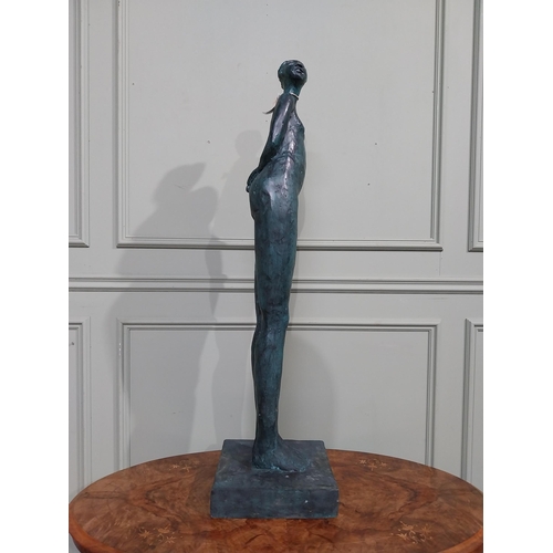 155 - Good quality contemporary bronze sculpture of Lady on slate base. {108 cm H  x 28 cm W x 29 cm D}.