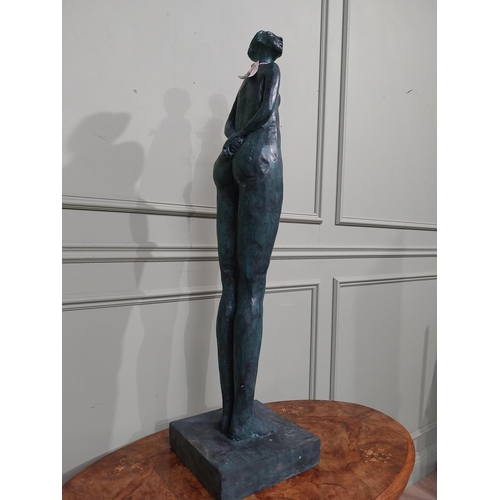 155 - Good quality contemporary bronze sculpture of Lady on slate base. {108 cm H  x 28 cm W x 29 cm D}.