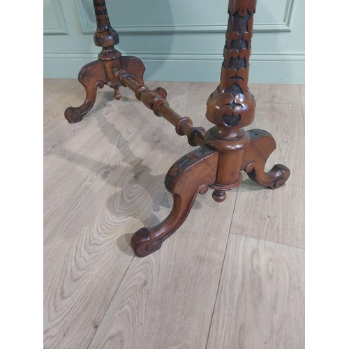 158 - Victorian burr walnut centre table with single turned stretcher flanked by two carved columns. {67 c... 