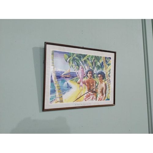 161 - Framed coloured print � Fiji Island Fisherman {33 cm H x 43 cm W}.