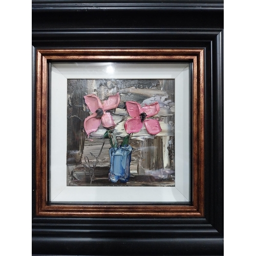 162 - Colin Flack Still Life Flowers Oil on board mounted in black frame. {32 cm H x 31 cm W}.